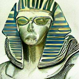 generated: A portrait of a metal statue of a pharaoh wearing steampunk glasses and a leather jacket over a white t-shirt that has a drawing of a space shuttle on it. #4